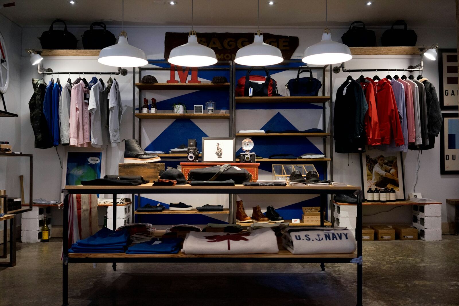 Clothing store interior with product displays